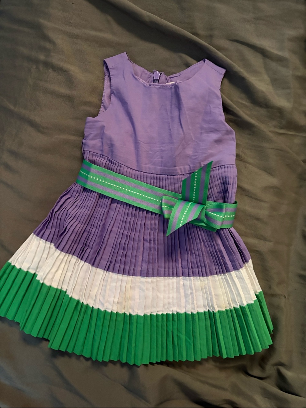 The Children's Place Purple Pleated Dress with Green & White Trim and Bow